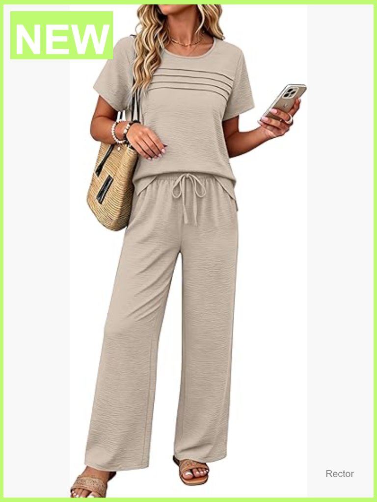 2 Piece Linen Look Loungewear Set Pleated Top Wide Leg Pants Pockets